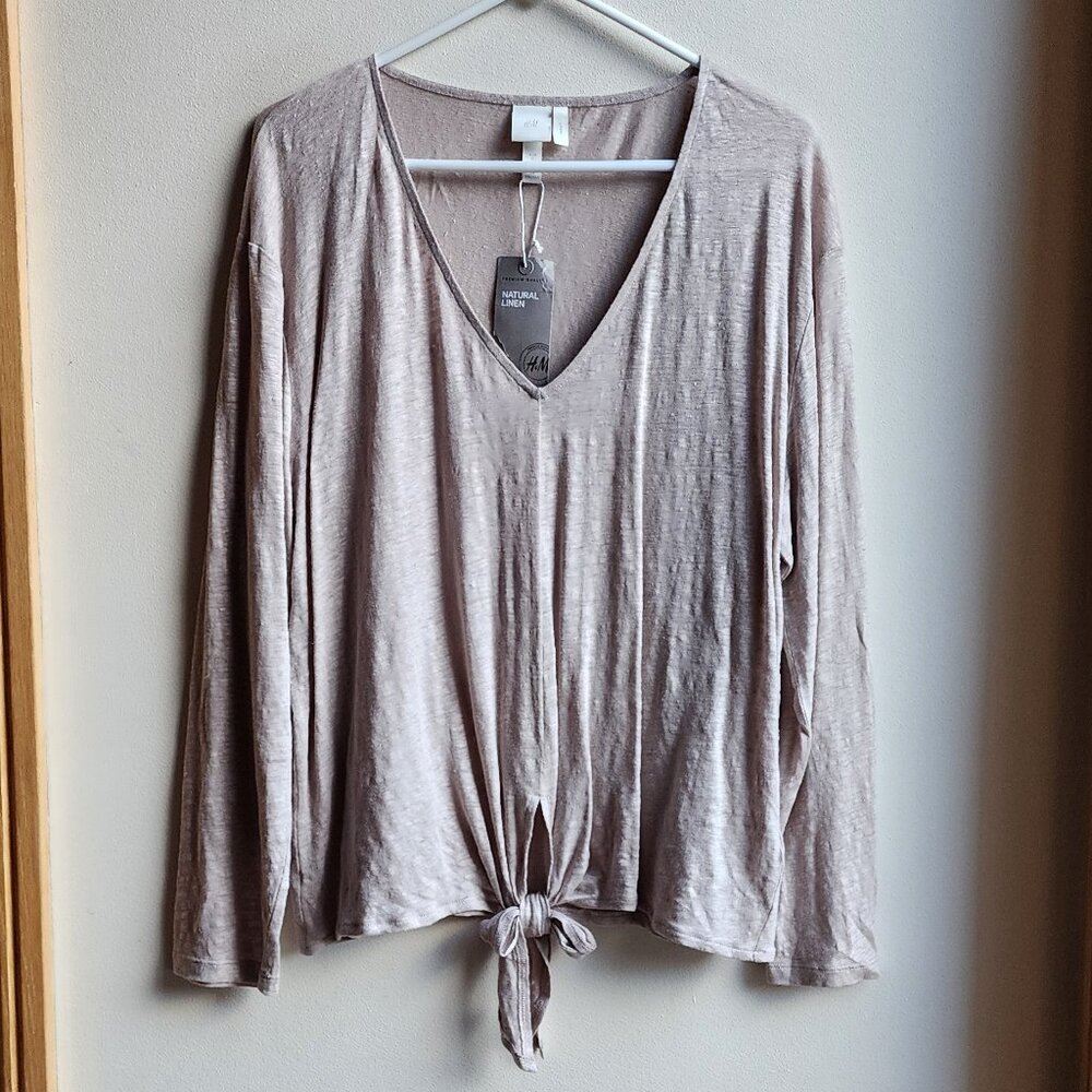 NWT H&M Natural 100% Linen V-Neck Tie-Front Jersey Size XL